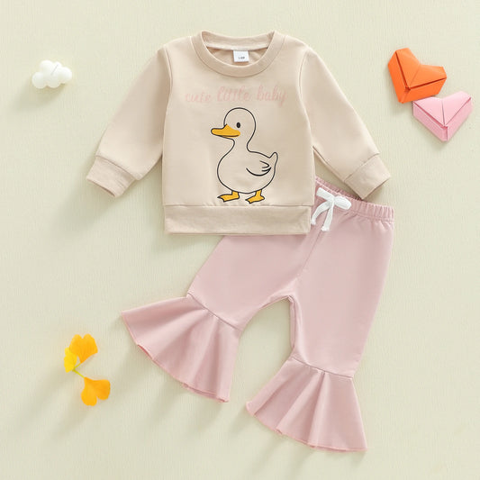 Baby Toddler Girl 2Pcs Fall Outfit Duck Cute Little Baby Letter Print Long Sleeve Top and Solid Flare Pants 2 Piece Set