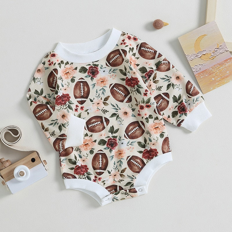 Baby Boy Girl Fall Bodysuit Long Sleeve Round Neck Football Print Jumpsuit Romper