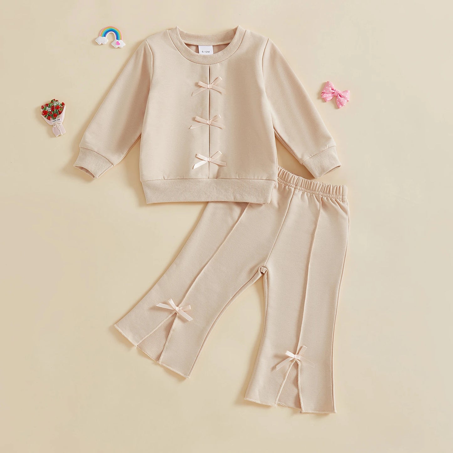 Baby Toddler Girl 2Pcs Fall Outfit Bow Decor Long Sleeve Round Neck Pullover Top + Elastic Waist Flare Pants 2Pcs Set