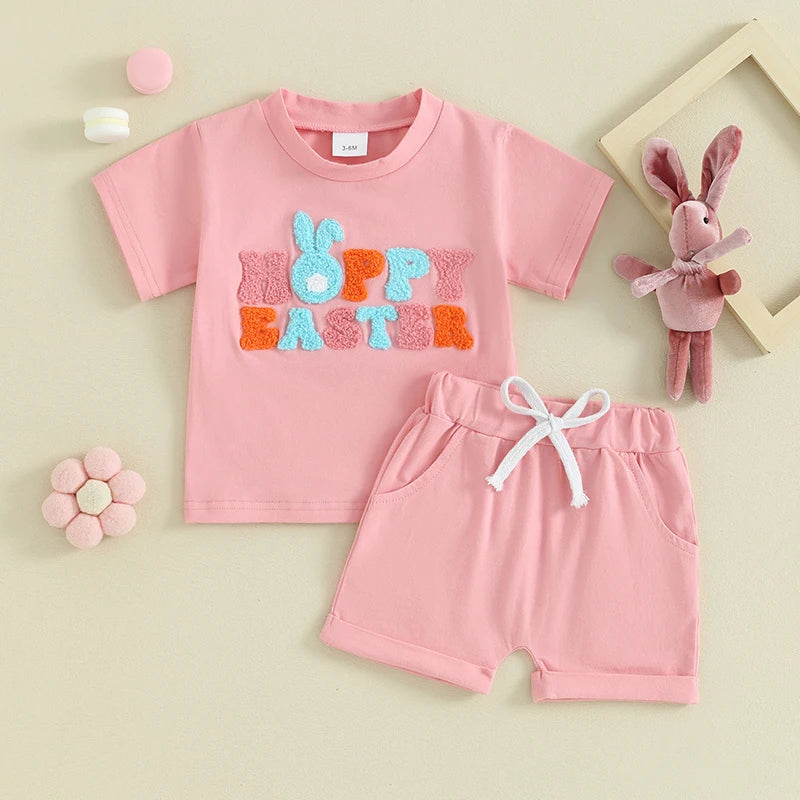 Toddler Baby Boy Girl 2Pcs Easter Outfit Short Sleeve Hoppy Easter T-Shirt Bunny Ears Print Top Set Elastic Waist Shorts