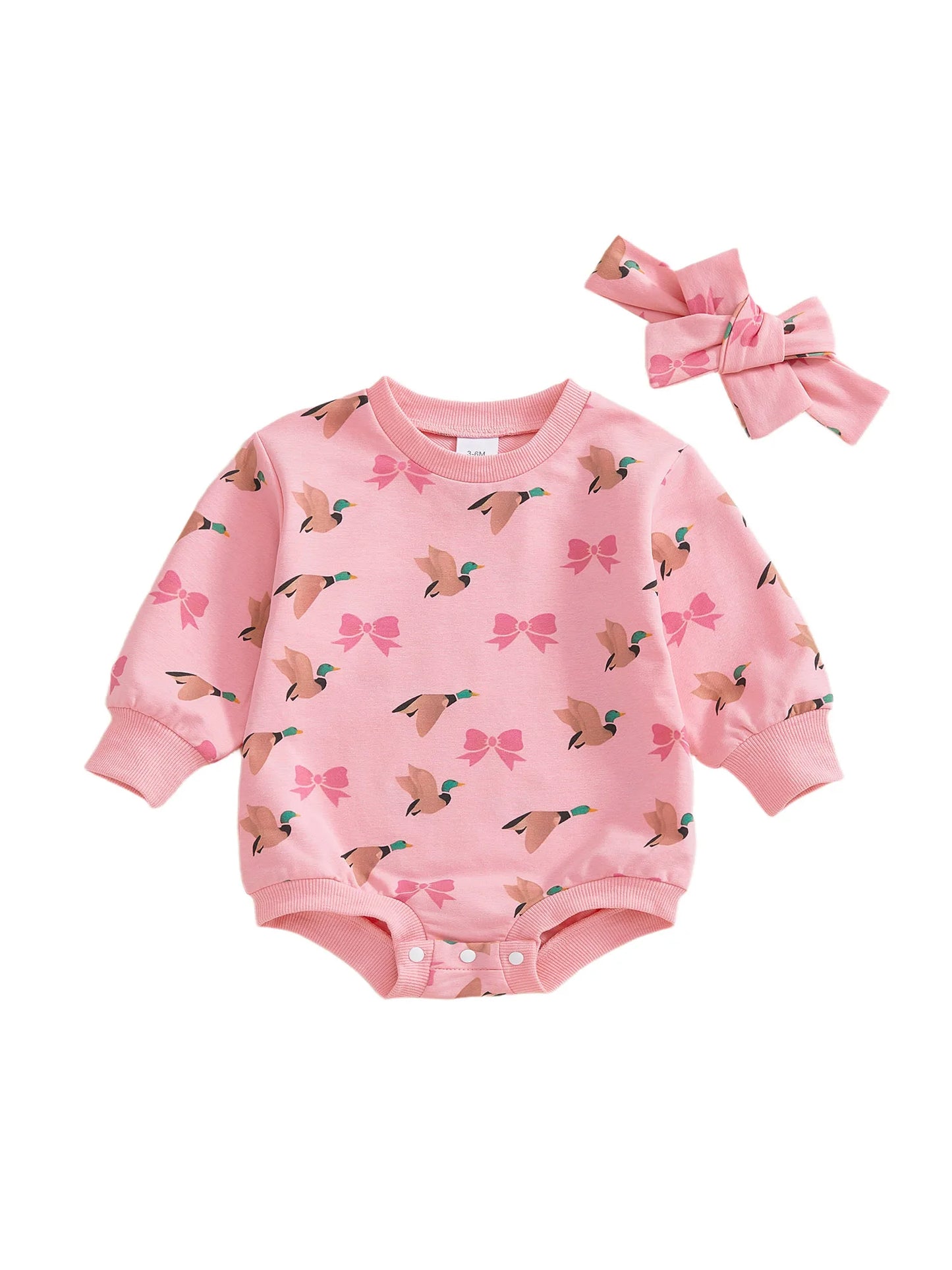 Baby Girls 2Pcs Romper Round Neck Duck and Bow Print Long Sleeve Jumpsuit with Headband Set