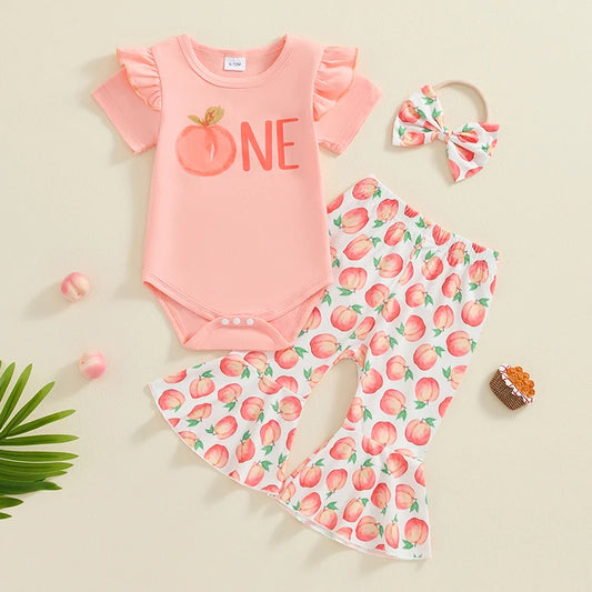 Baby Girls 3Pcs ONE Birthday Outfit Peach Print Short Sleeve Romper and Flare Long Pants Headband Set