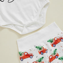 Load image into Gallery viewer, Baby Boy Girl 3Pcs My First Christmas Outfit Letter Long Sleeve Romper Elastic Waist Tree Truck Print Pants Hat Set
