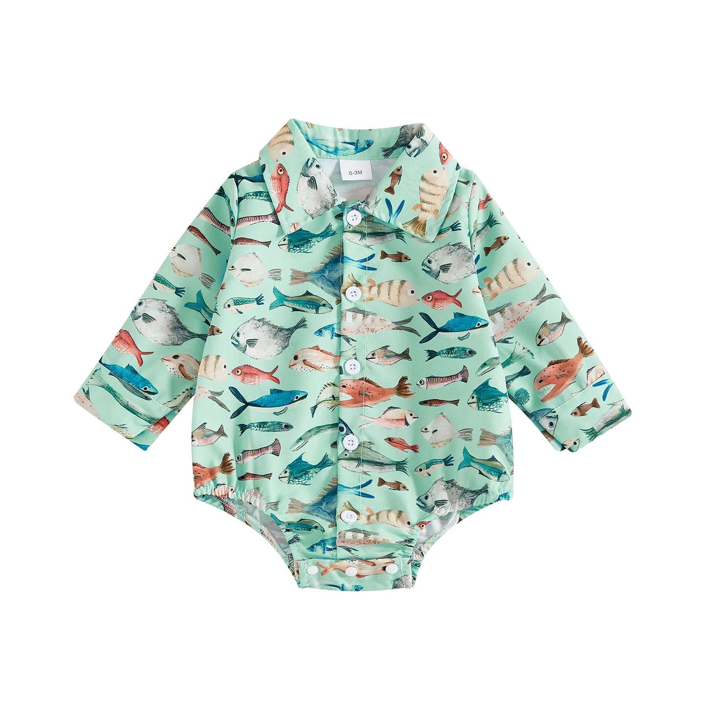 Baby Boys Girls Romper Long Sleeve Lapel Collar Fish Print Bodysuit Fall Playsuit