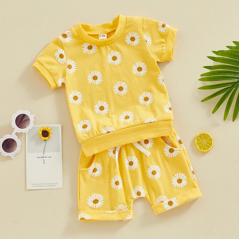 Baby Toddler Girls 2Pcs Spring Summer Clothes Short Sleeve Daisy Flower Print Crew Neck Top Elastic Rolled Shorts Set Outfit