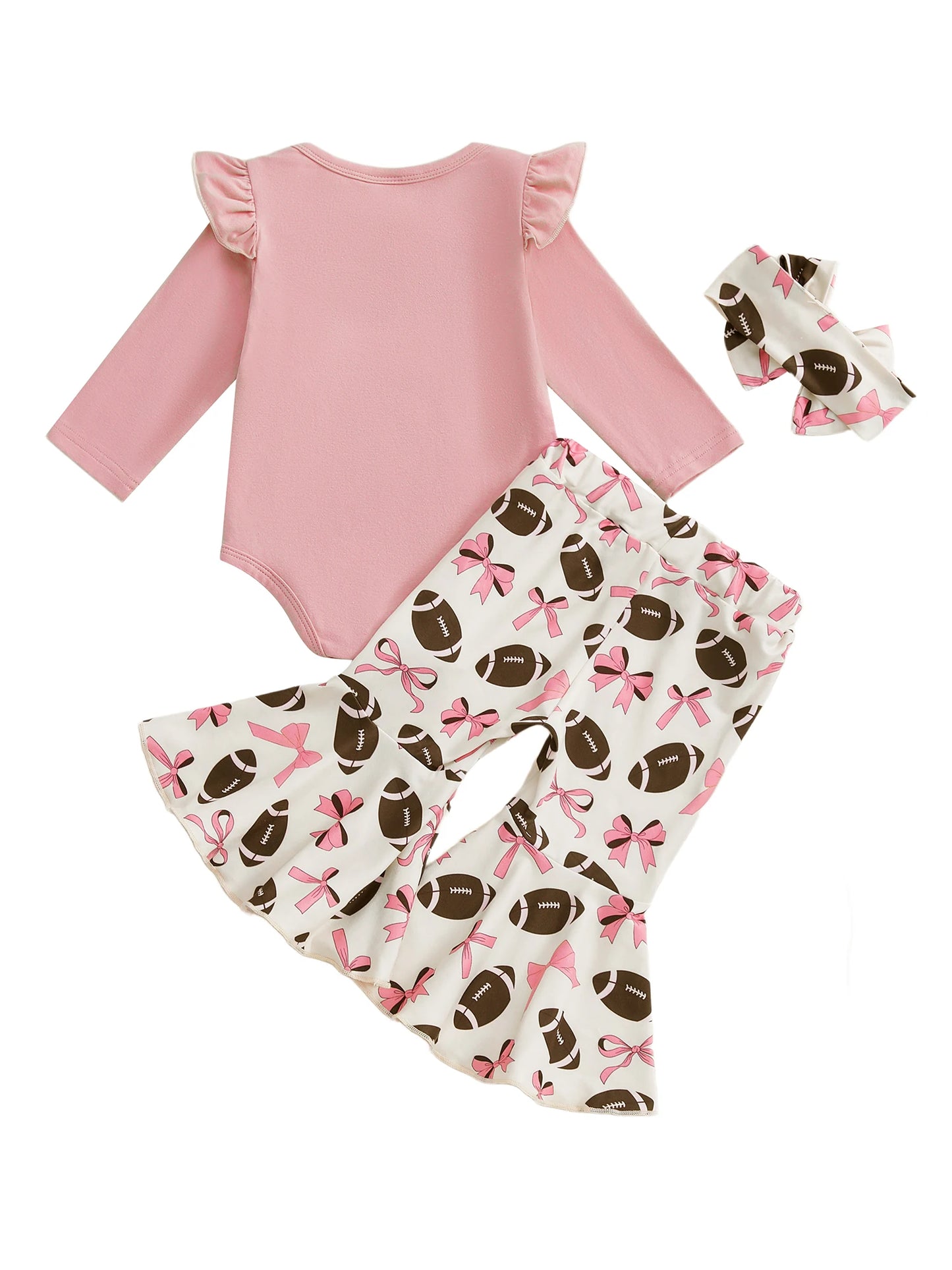 Baby Girls 3Pcs Game Day Fall Outfit Football Print Long Sleeves Romper and Elastic Flared Pants Headband Set Cute Clothes