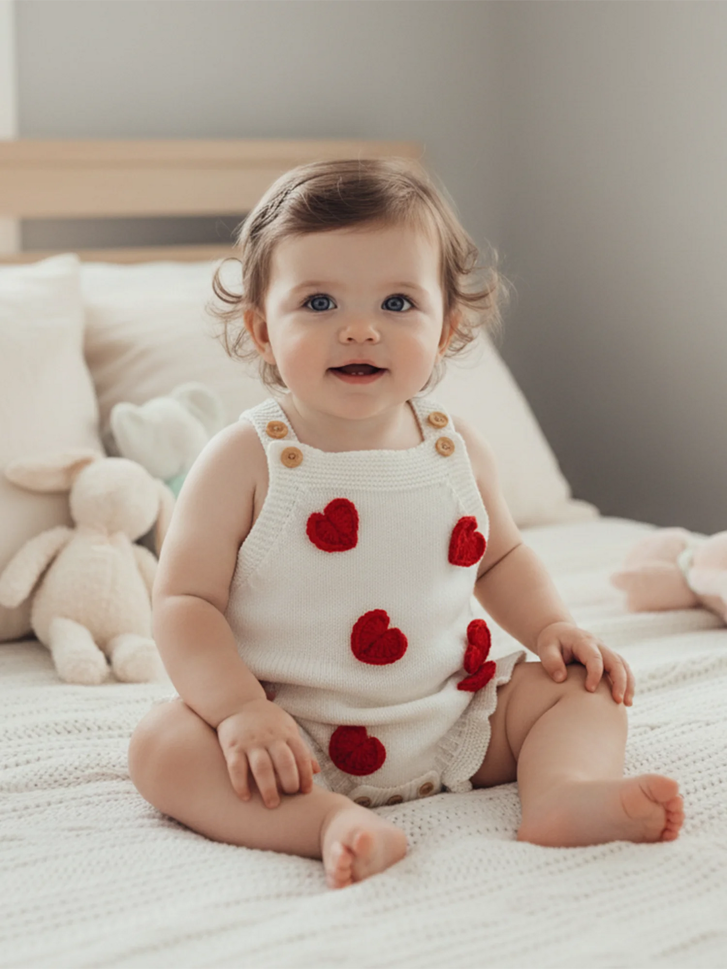 Baby Girl Valentine’s Day Sweater Romper Sleeveless Square Neck Heart Bodysuit Newborn Knit Overalls