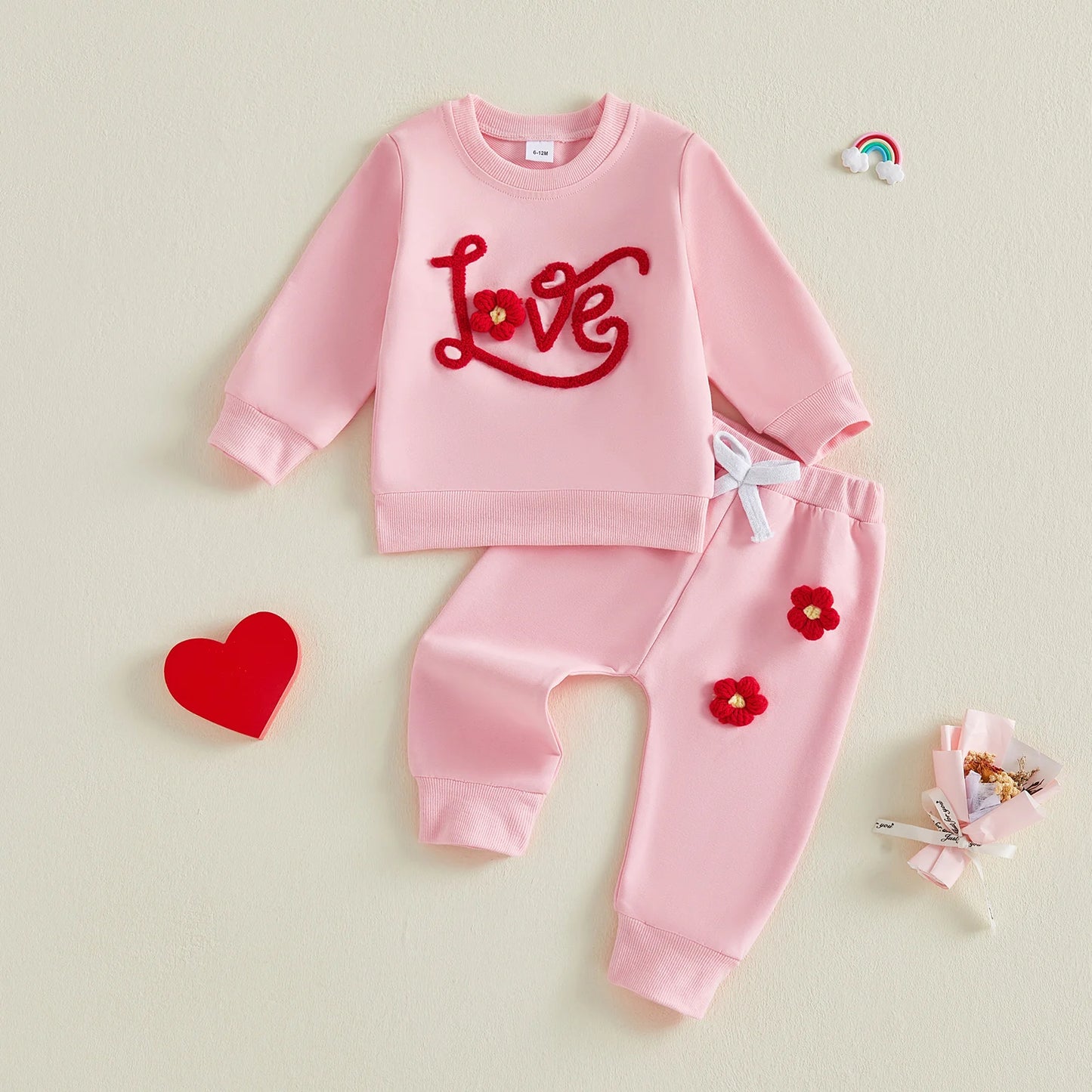 Baby Toddler Girls 2Pcs Valentine's Day Clothes Long Sleeve Crew Neck 3D Crochet Flower Love Decor Top and Pants Jogger Set