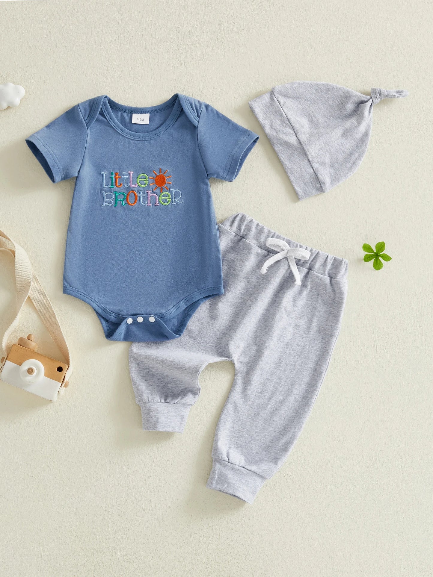 Baby Boys 3Pcs Little Brother Clothing Set Fashionable Short Sleeve Letters Embroidery Romper with Jogger Pants Hat Outfit