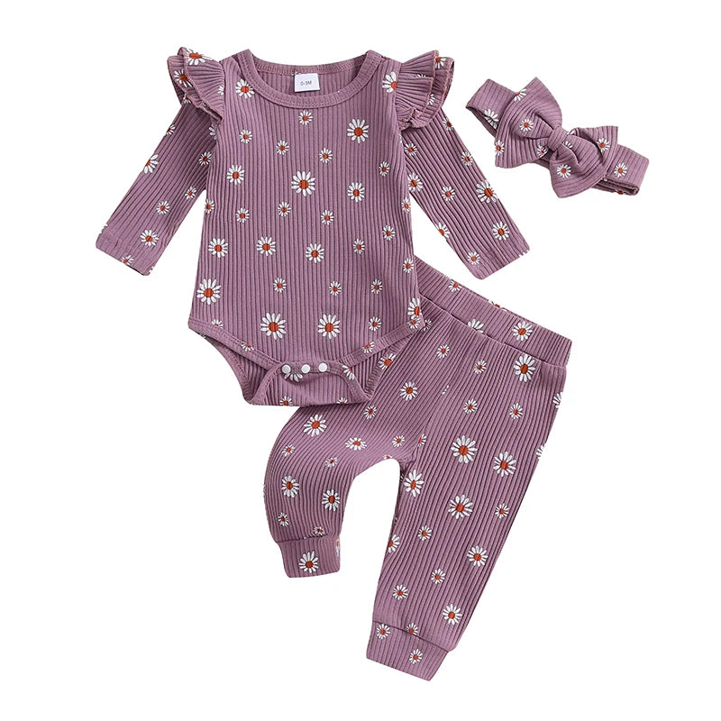 Baby Girls 3Pcs Ribbed Outfit Daisy Flower Print Long Sleeve Romper Elastic Waist Pants Headband Fall Set