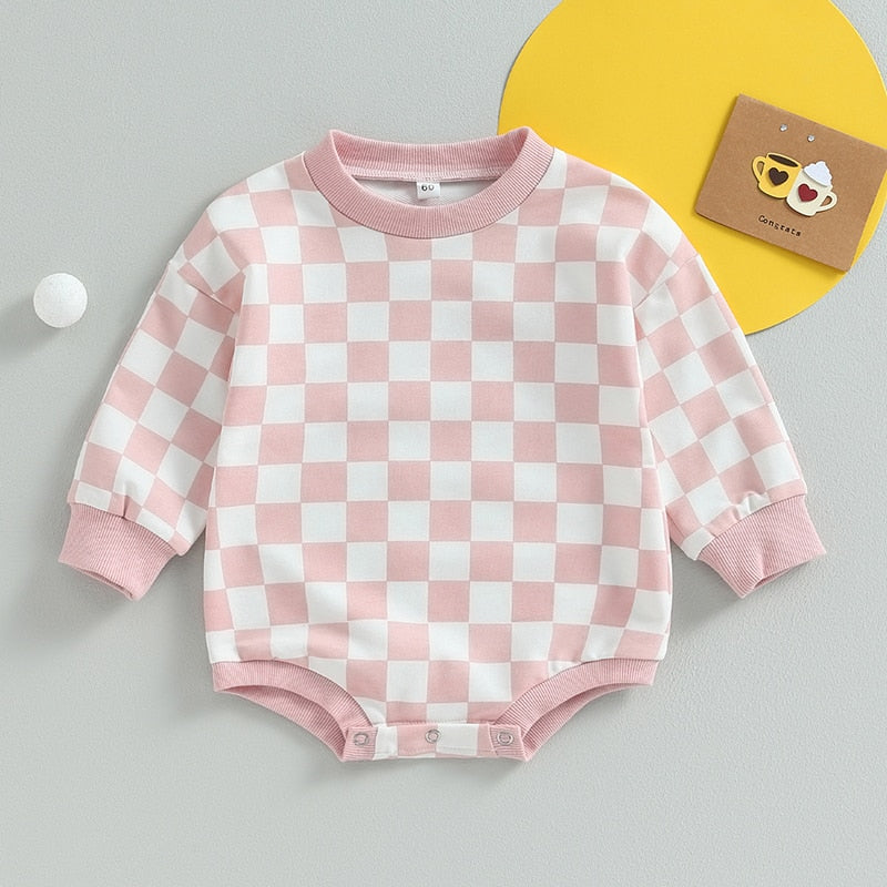 Baby Boy Girl Fall Sweatshirt Bodysuit Checkerboard Print Long Sleeve Jumpsuit Romper