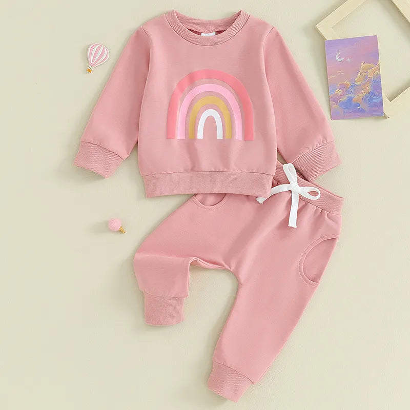 Baby Toddler Girls Boys 2Pcs Long Sleeve Rainbow Print Top & Long Pants Set Outfits