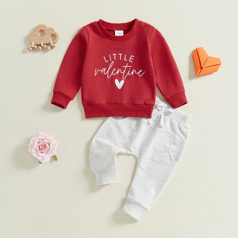 Baby Toddler Girls Boys 2Pcs Little Valentine Valentine's Day Heart Letter Print Long Sleeve Round Neck Top Long Pants Outfit Valentines Jogger Set