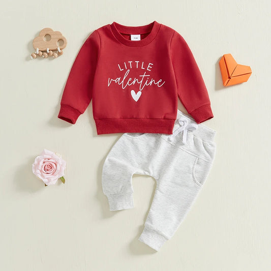 Baby Toddler Girls Boys 2Pcs Little Valentine Valentine's Day Heart Letter Print Long Sleeve Round Neck Top Long Pants Outfit Valentines Jogger Set