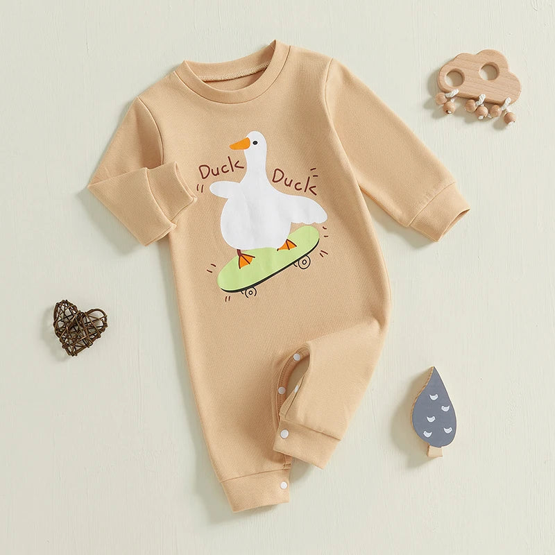 Baby Girl Boy Romper Duck Duck Letter Skateboarding Goose Print Long Sleeve Jumpsuit