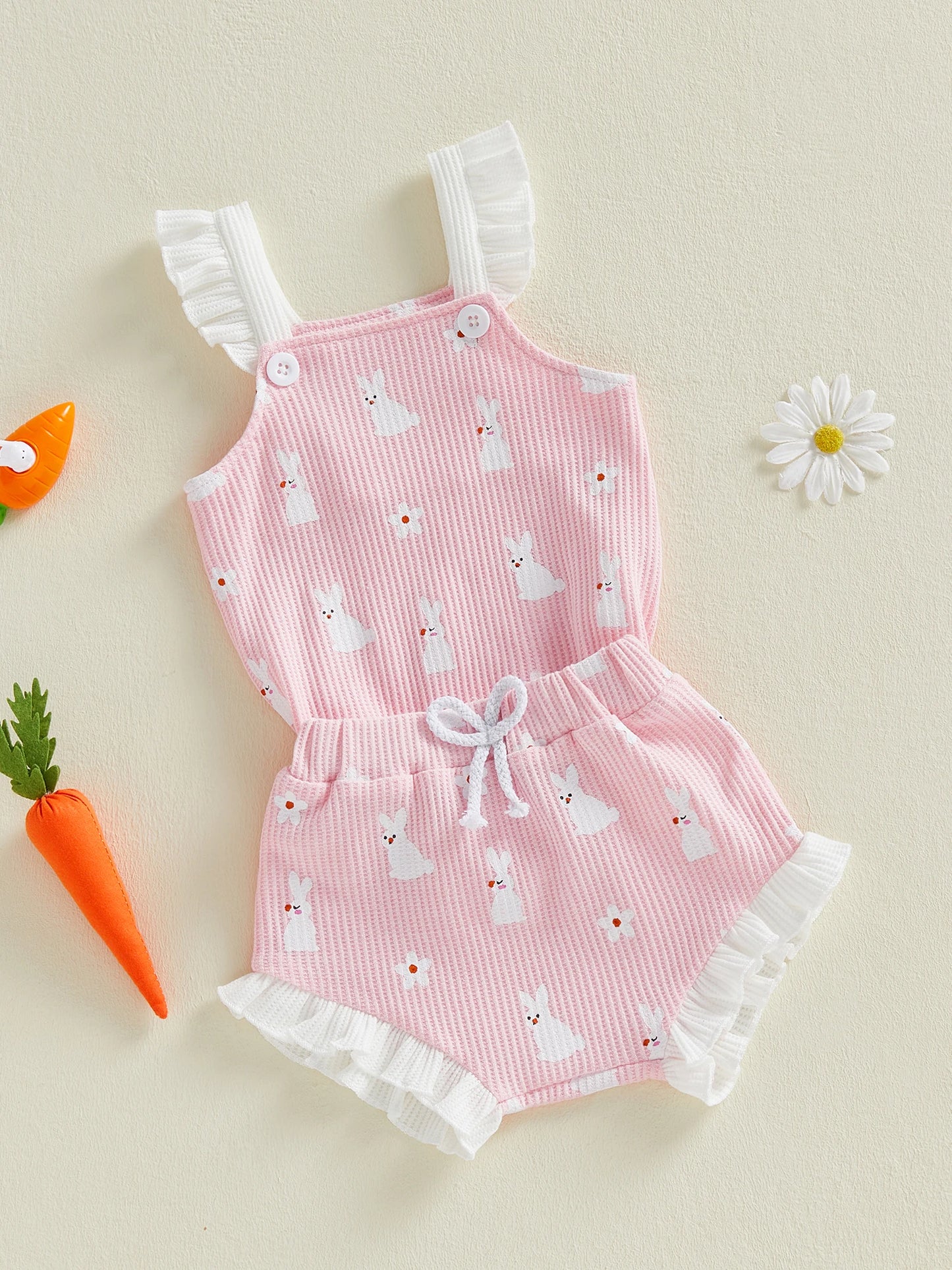 Baby Girl 2Pcs Easter Outfit Square Neck Ruffle Sleeveless Bunny Floral Print Romper Elastic Waist Bloomer Shorts Set