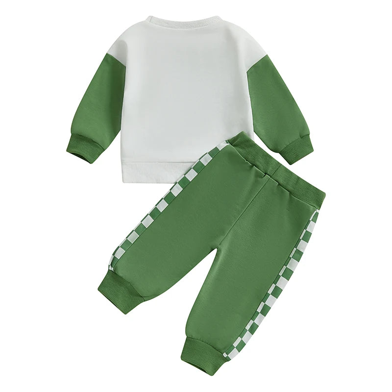 Baby Toddler Boys 2Pcs Lucky St. Patrick's Day Outfit Letter Checkered Long Sleeve Crewneck Top and Pants Jogger Set