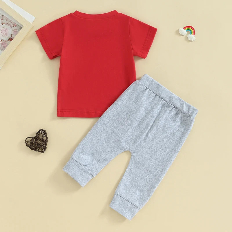 Baby Toddler Boy 2Pcs Valentine's Day Outfit Mr. Steal Your Heart Letter & Heart Print Short Sleeve Top with Solid Color Long Pants Set