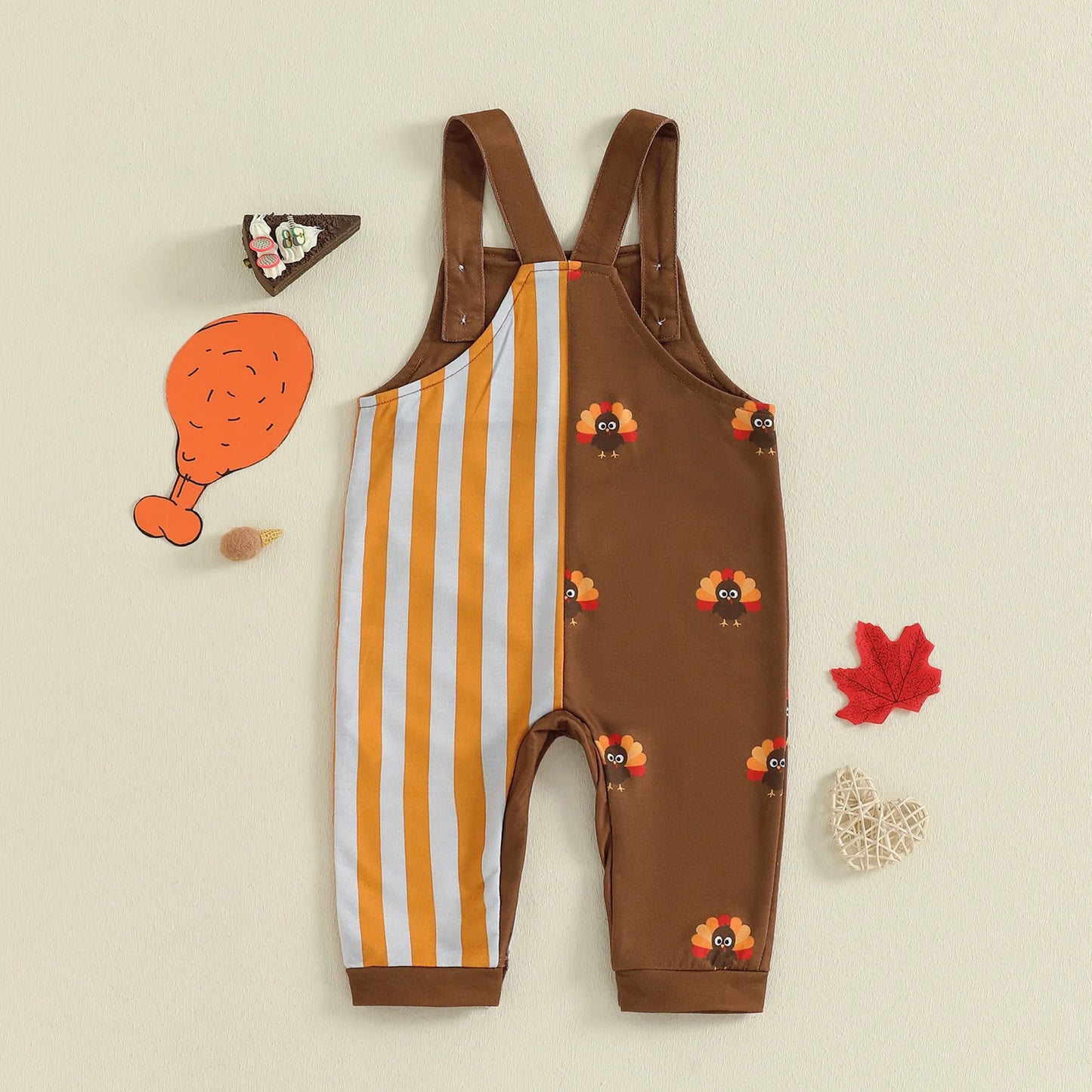Baby Boy Thanksgiving Romper Overalls Turkey Stripe Print Sleeveless Suspender Jumpsuit