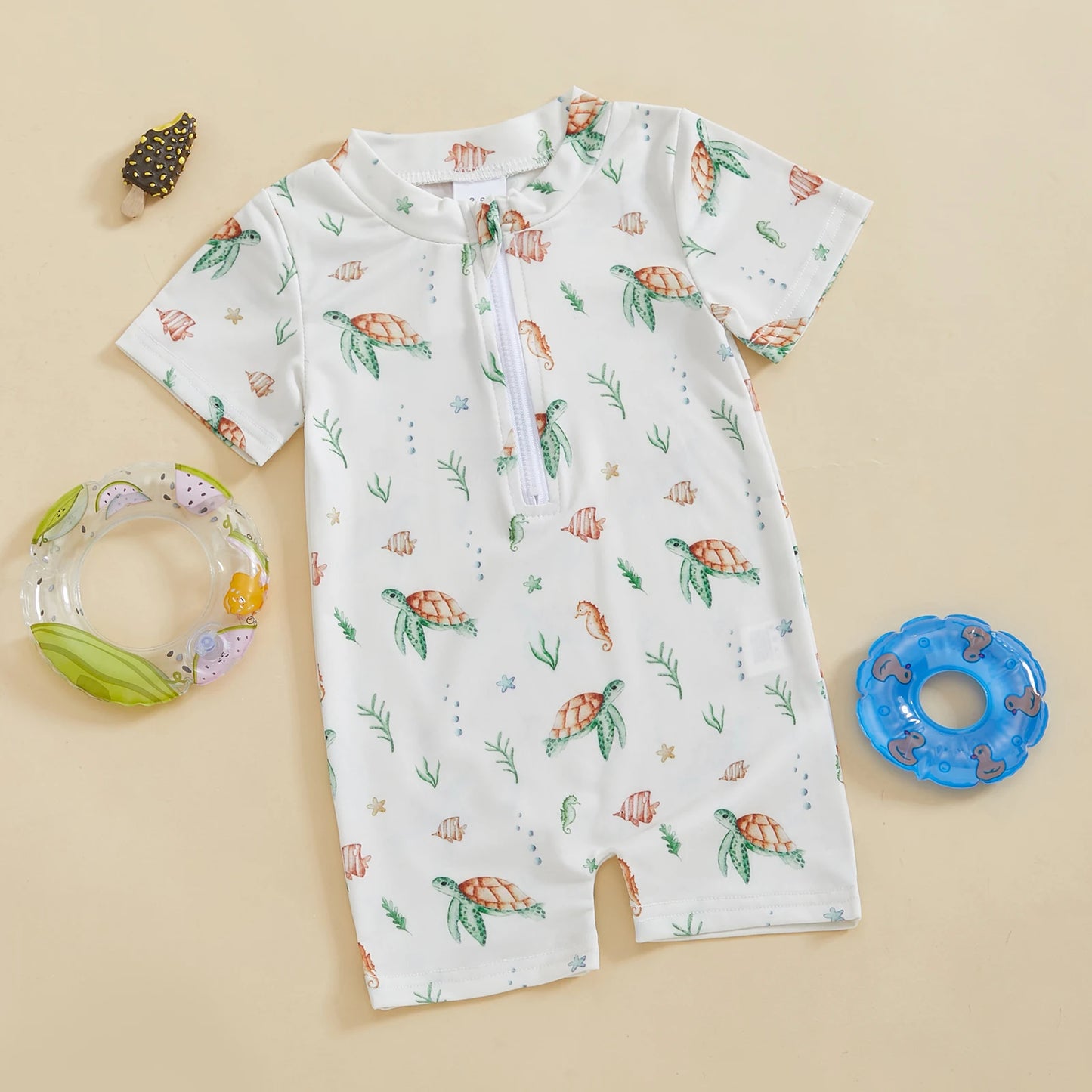 Baby Toddler Boys Rash Guard Swimsuit Short Sleeve Sea Animal Print Zip Up Bathing Suit Swimwear Romper