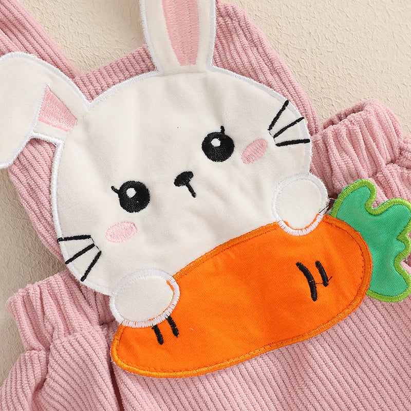 Baby Girls 3Pcs Easter Outfit Long Sleeve Carrot Print Romper Bunny Rabbit Carrot Embroidery Suspender Skirt Dress Headband Bow Set