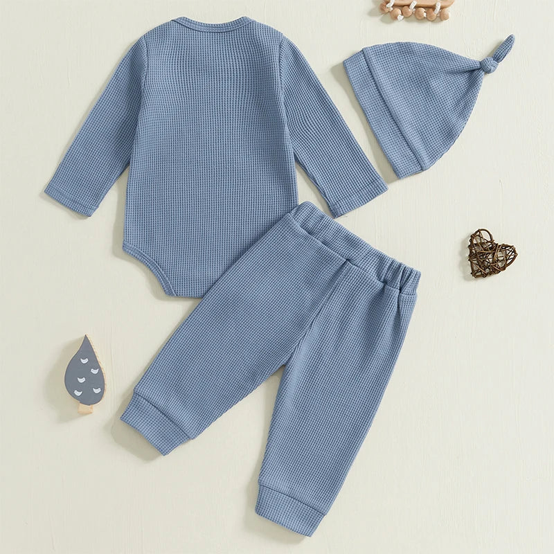 Baby Boys 3Pcs Hi I'm New Here Waffle Fall Set Letter Print Long Sleeve Round Neck Romper Long Pants Hat Outfit