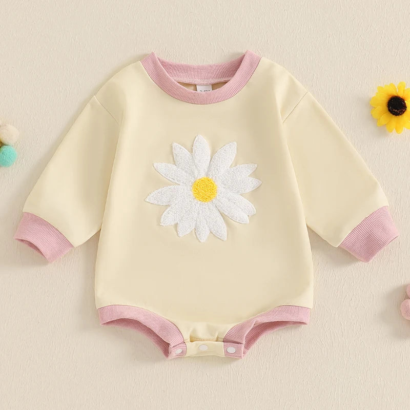 Baby Girls Bubble Romper Long Sleeve Crew Neck Embroidery Flower Jumpsuit Spring