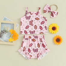 Load image into Gallery viewer, Baby Toddler Girl 3Pcs Outfit Shorts Set Butterfly Print Sleeveless Cami Tank Top Floral Flowers Ruffle Shorts Headband Bow

