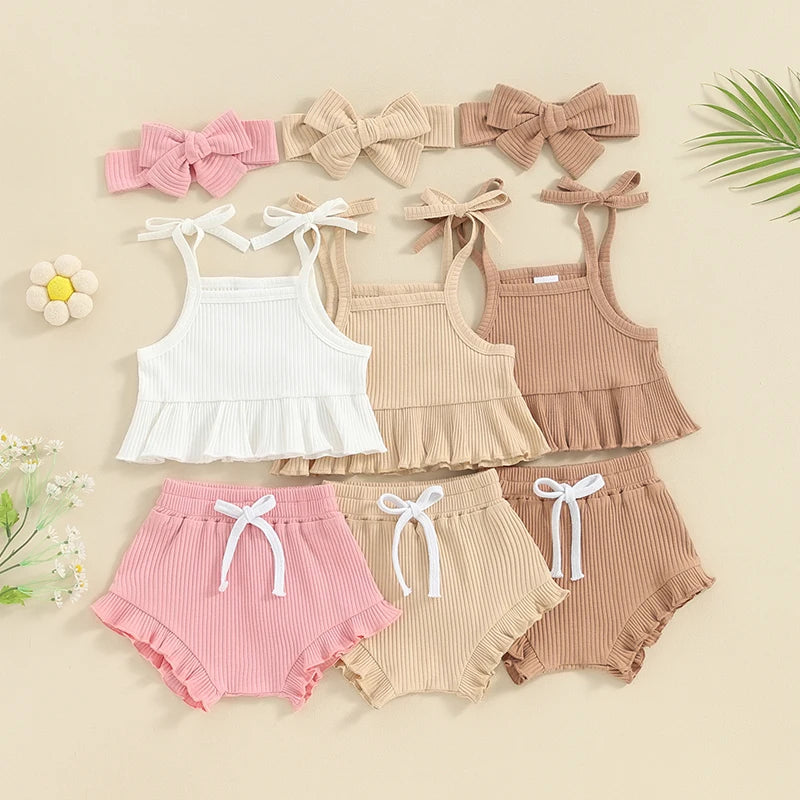 Baby Toddler Girls 3Pcs Outfits Solid Color Ruffled Sleeveless Tie Camisole Tank Top Elastic Shorts Cute Headband Set