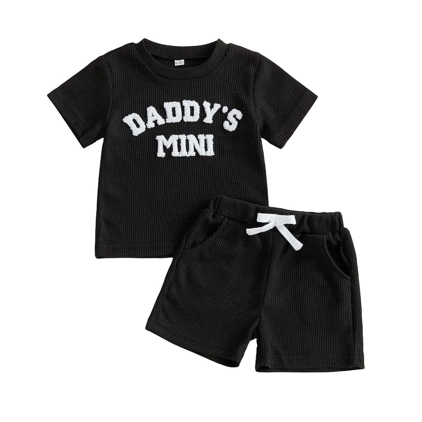 Baby Toddler Boys 2Pcs Daddy's Mini Summer 2 Piece Outfits Short Sleeve Round Neck Letter Embroidery Waffle Top and Shorts Set
