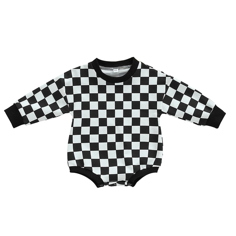 Baby Boy Girl Fall Sweatshirt Bodysuit Checkerboard Print Long Sleeve Jumpsuit Romper