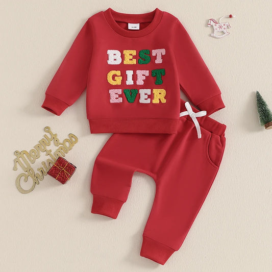 Baby Toddler Girls Boys 2Pcs Best Gift Ever Christmas Set Contrast Color Letter Embroidered Long Sleeve Top Long Pants Outfit Set