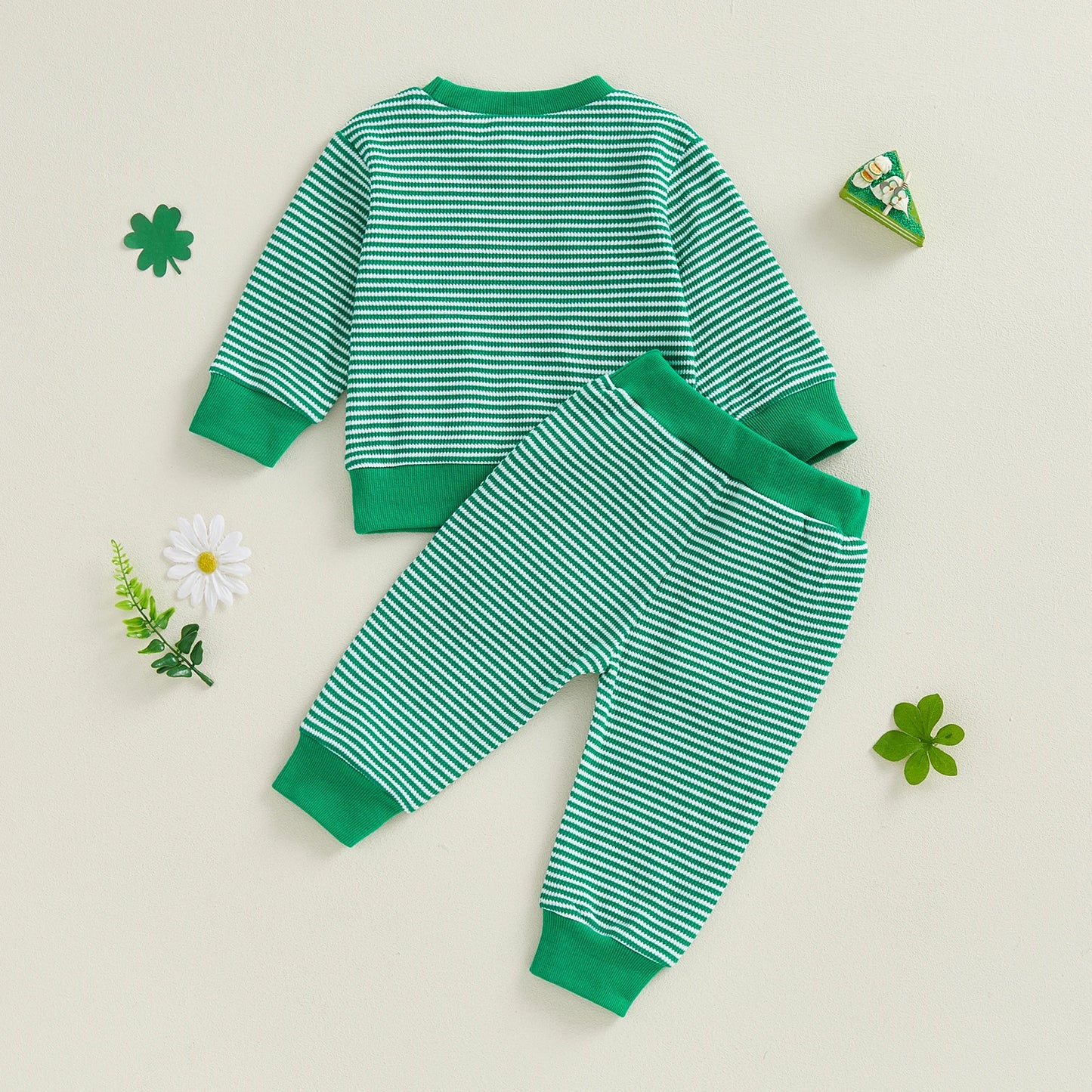 Baby Toddler Boy 2Pcs Spring Outfit Four-Leaf Clover Embroidery Long Sleeve O-Neck Pullover + Elastic Waist Stripe Pants St. Patrick's Day Jogger Set