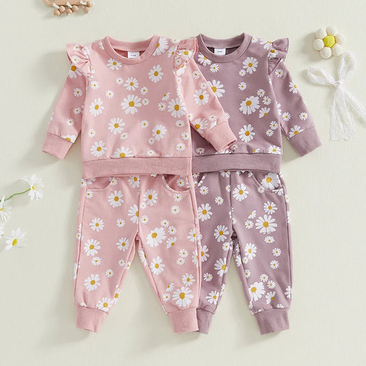 Baby Toddler Girls 2Pcs Spring Fall Outfit Daisy Print Ruffle Long Sleeve Pullover Top Elastic Waist Jogger Pants Set