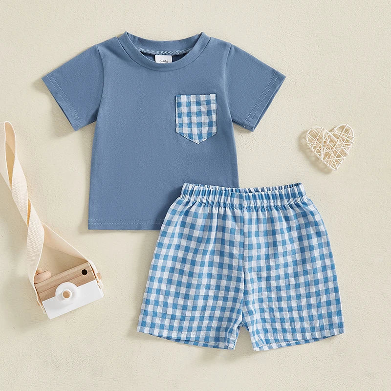 Baby Toddler Boys 2Pcs Summer Spring Outfit Pocket Round Neck Short Sleeve Top with Plaid Pattern Shorts Set