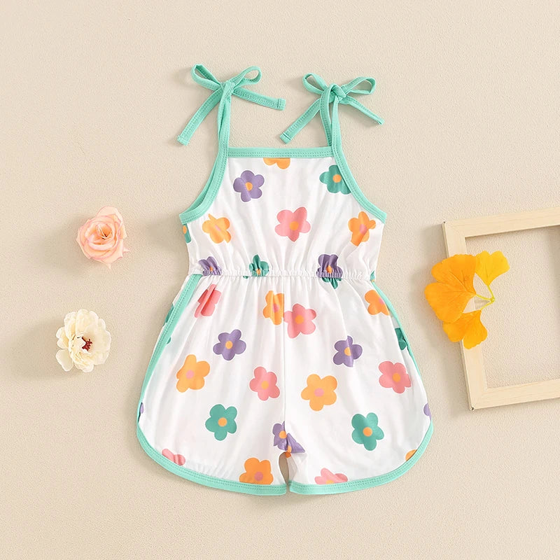 Baby Toddler Girls Summer Jumpsuit Sleeveless Tie Strap Tank Top Elastic Waist Floral Flower Print Romper Shorts Playsuit