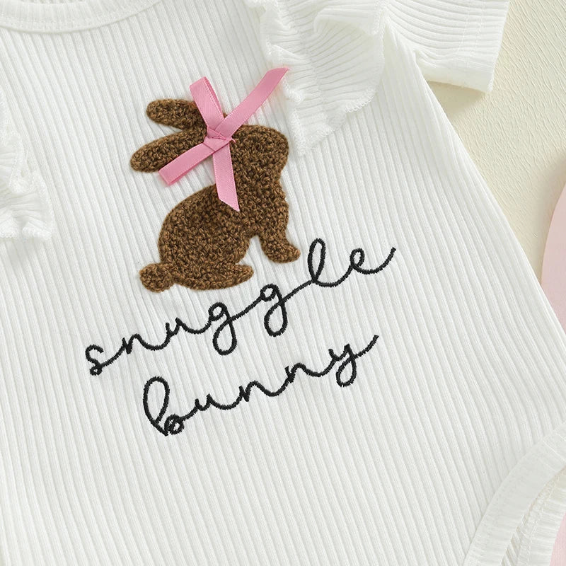 Baby Girls 3Pcs Snuggle Bunny Easter Outfit Short Sleeve Letter Embroidery Romper with Bunny Rabbit Print Flare Pants and Bow Headband Set