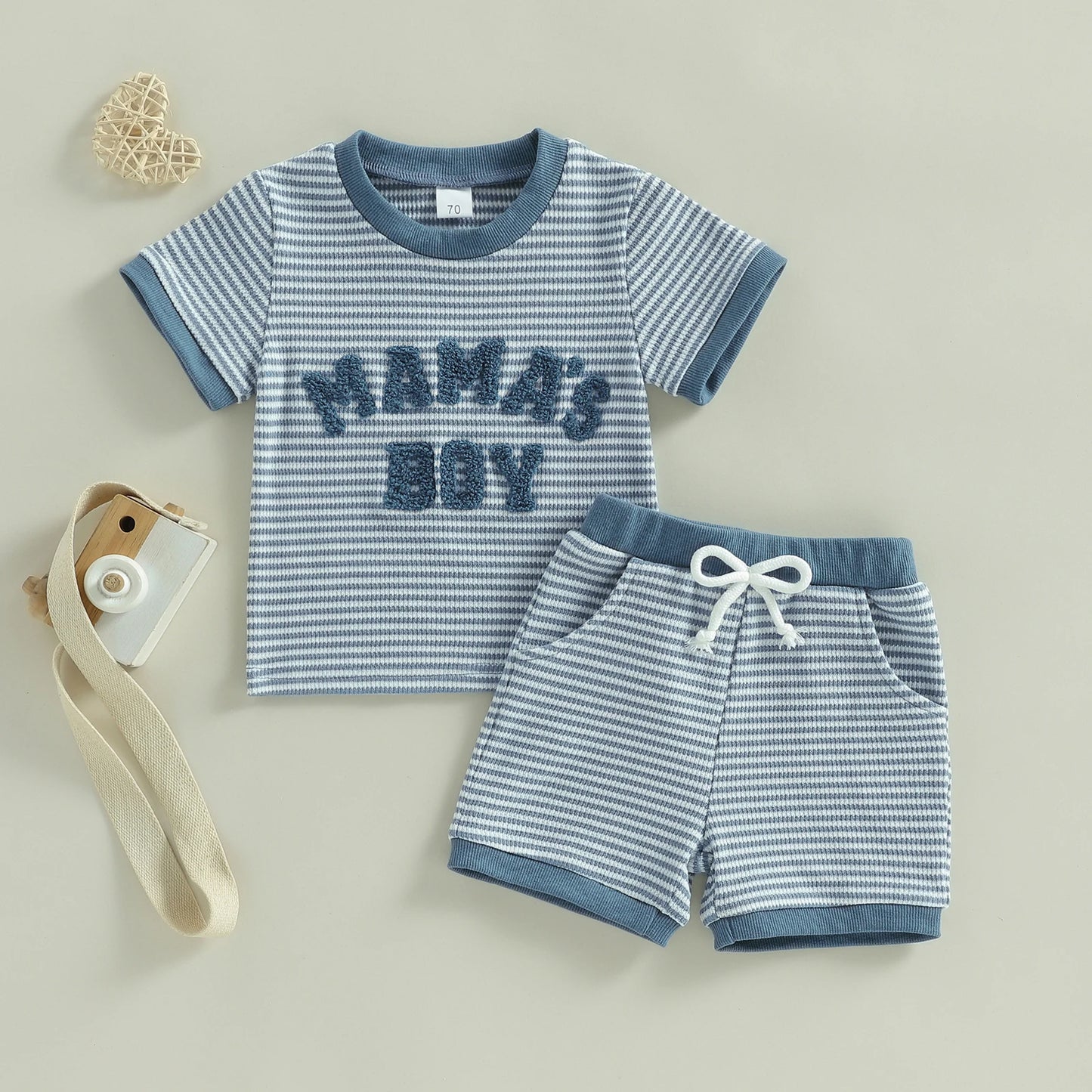 Baby Toddler Boys 2Pcs Mama's Boy Outfit Summer Short Sleeve Round Neck Letter Embroidery Striped Top and Shorts Set