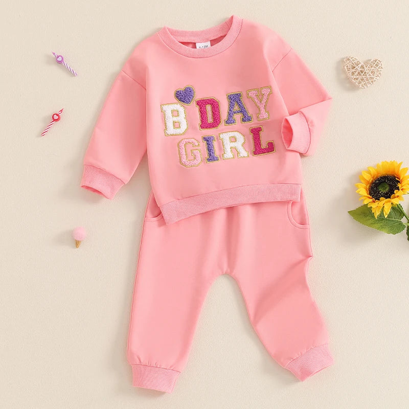 Baby Toddler Kids Girls 2Pcs Birthday Girl Outfit Long Sleeve Letter Embroidery Pullover + Pants Set