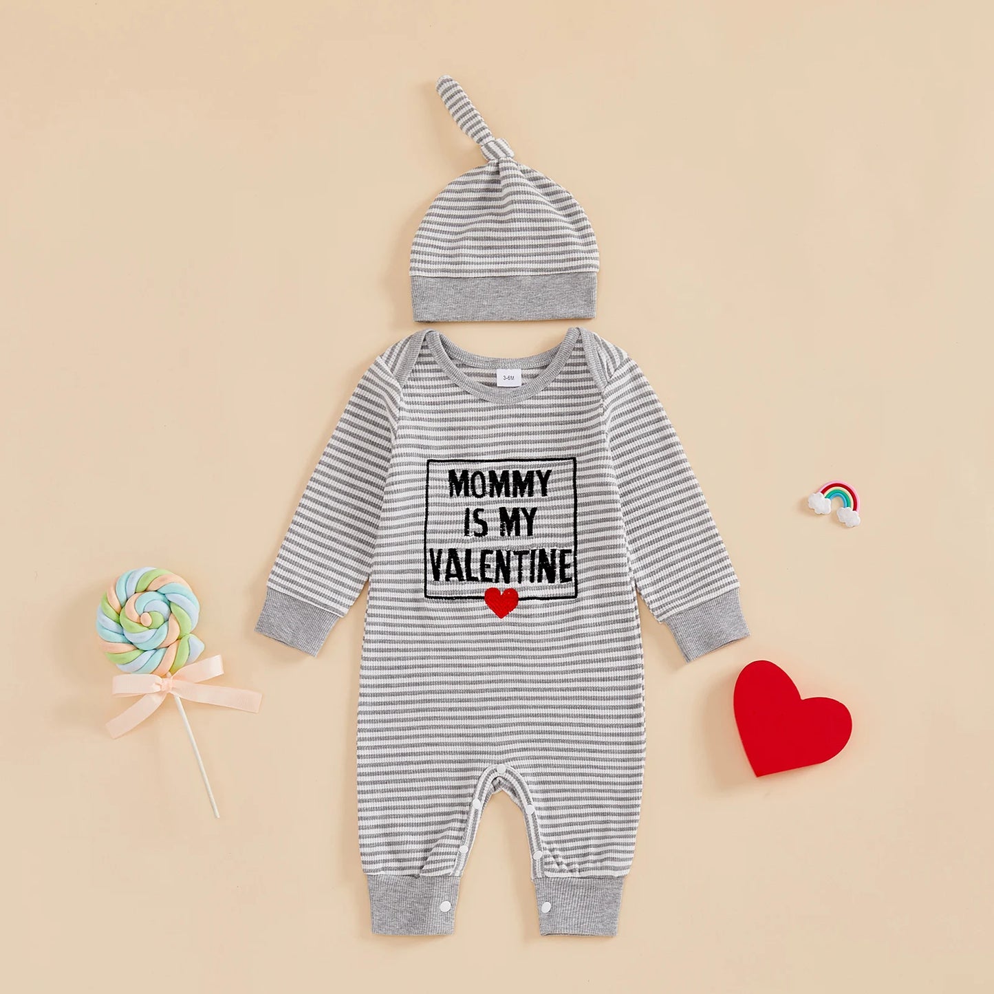 Baby Boys 2Pcs Valentine's Day Mr. Steal Your Heart / Mommy Is My Valentine Jumpsuit Set Long Sleeve Crew Neck Stripes Letters Romper with Hat Outfit