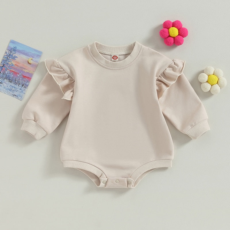 Baby Boy Girl Bodysuit Ruffle Long Sleeve Round Neck Solid Color Jumpsuit Romper