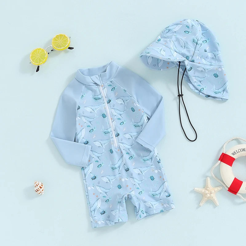 Baby Toddler Boy 2Pcs Swimwear Set Dinosaurs / Turtle / Whale Print Long Sleeve Swimsuit Sun Hat Bathing Suit Outfit Set