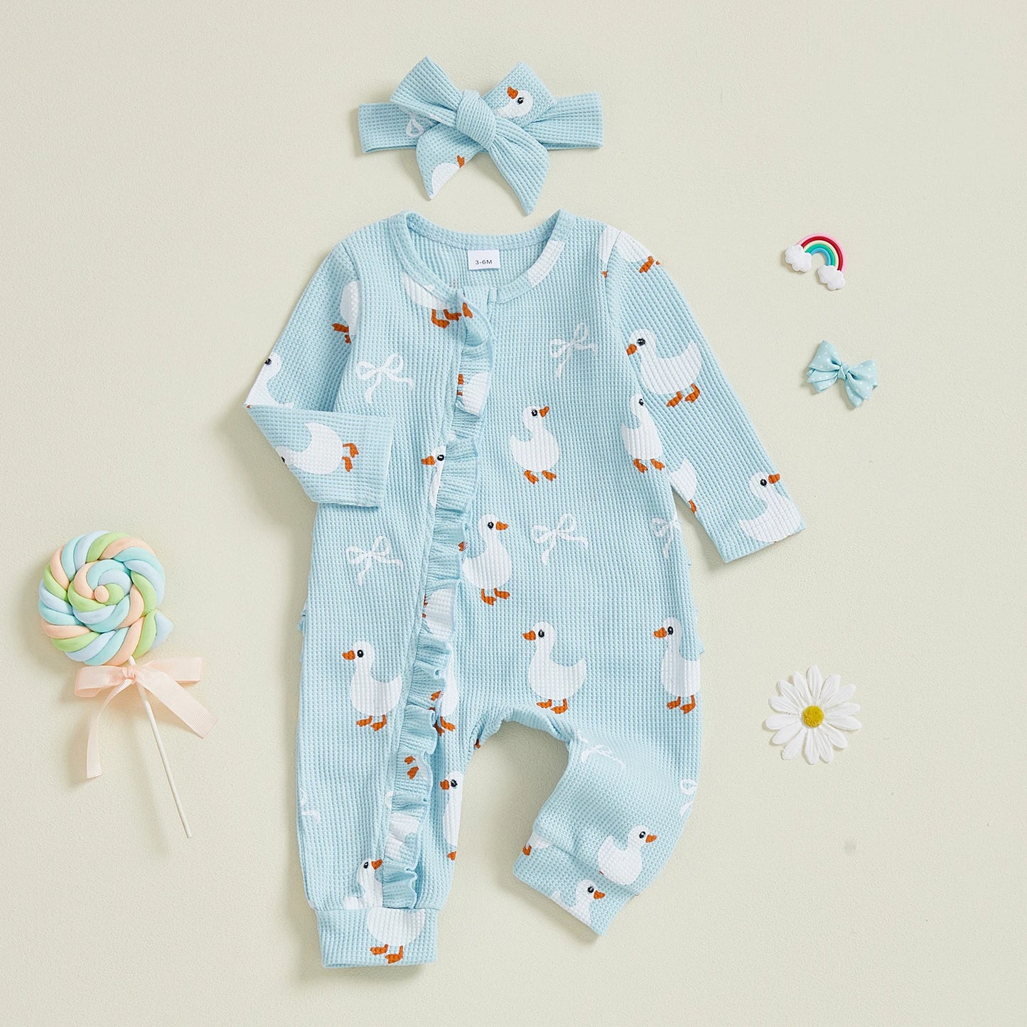 Baby Girls 2Pcs Fall Waffled Zipper Romper Bow Goose Animal Print Long Sleeve Round Neck Zip Up Jumpsuit with Headband Set