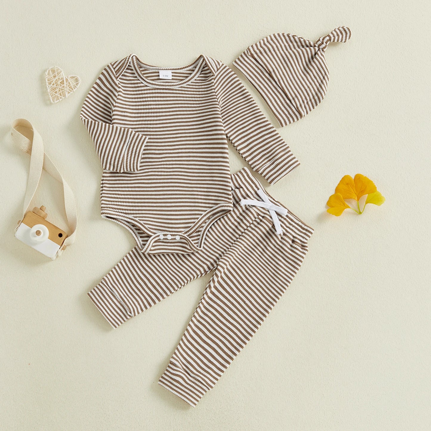 Baby Boys Girls 3Pcs Outfits Striped Crew Neck Long Sleeve Romper with Pants and Cap Beanie Hat Set