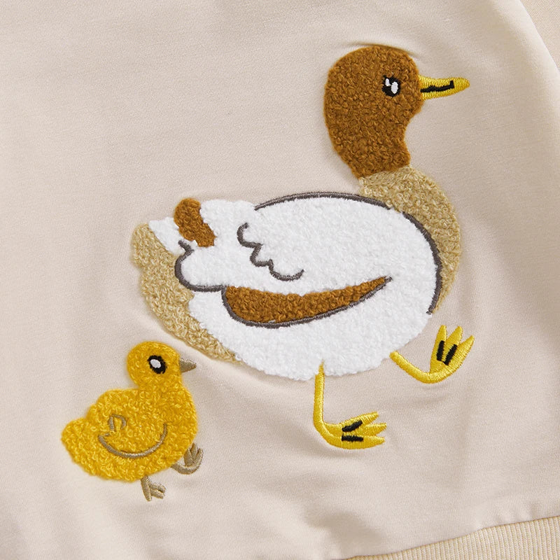 Baby Toddler Boys Girls 2Pcs Outfit Long Sleeve Round Neck Duck Embroidery Top Drawstring Pants Fall Jogger Set