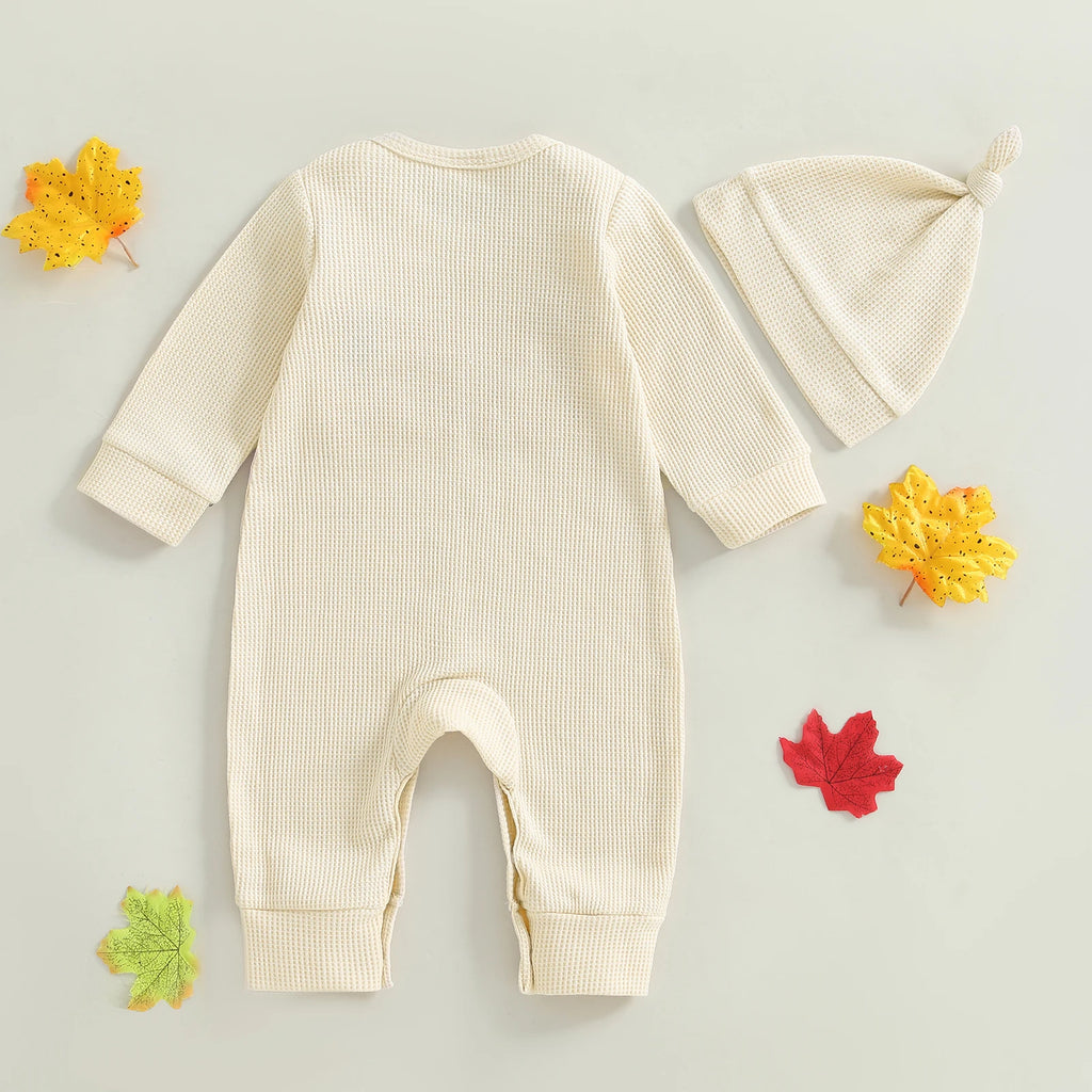 Baby Boys Girls 2Pcs Little Turkey Thanksgiving Outfit Long Sleeve Crew Neck Letter Turkey Embroidery Full Length Romper with Hat Set