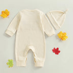 Baby Boys Girls 2Pcs Little Turkey Thanksgiving Outfit Long Sleeve Crew Neck Letter Turkey Embroidery Full Length Romper with Hat Set