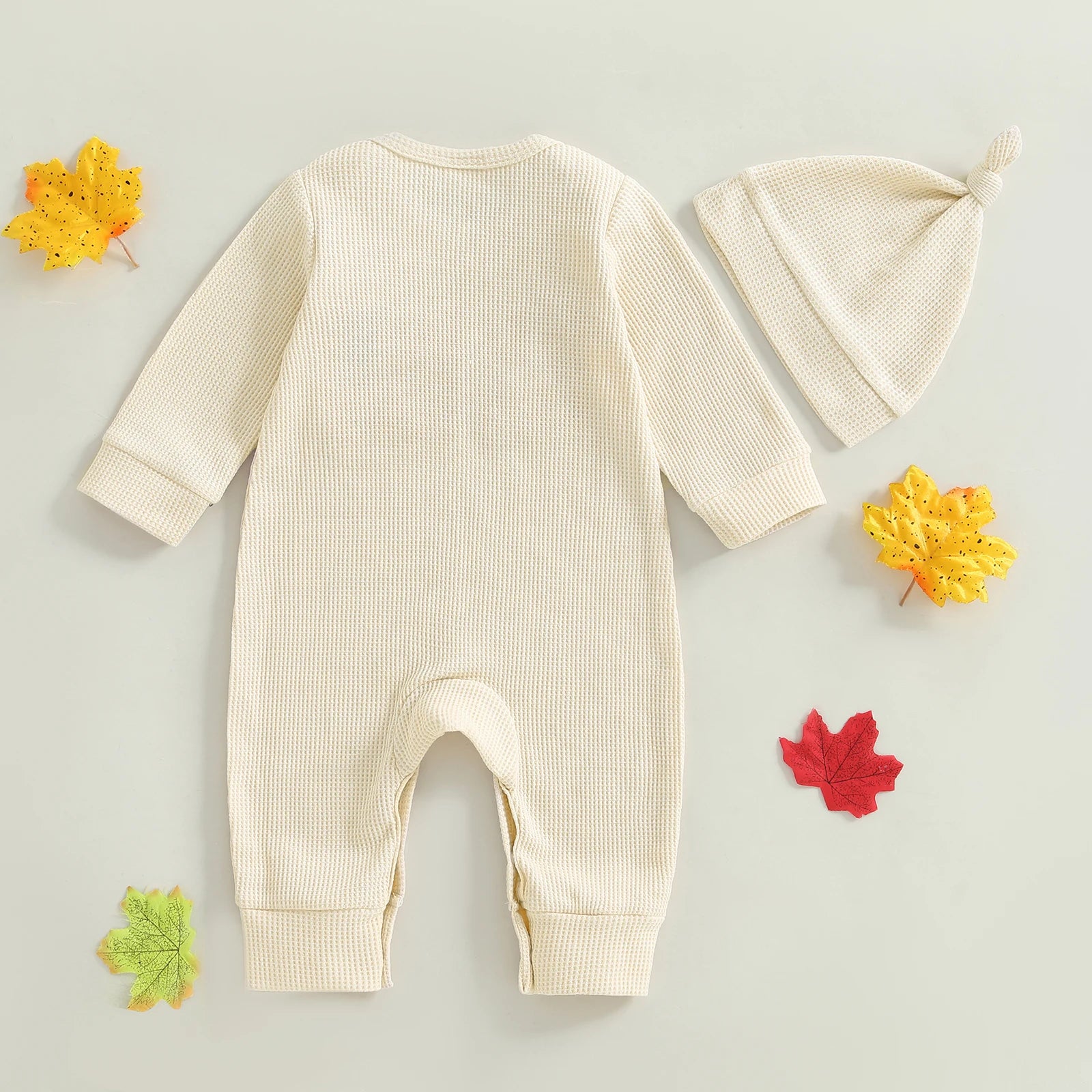 Baby Boys Girls 2Pcs Little Turkey Thanksgiving Outfit Long Sleeve Crew Neck Letter Turkey Embroidery Full Length Romper with Hat Set