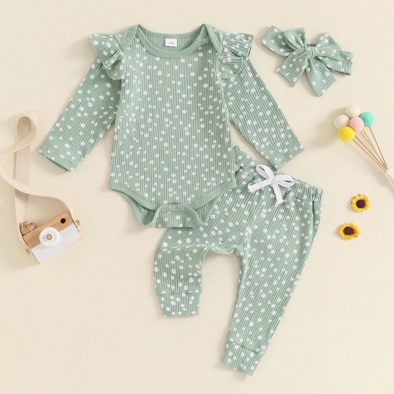 Baby Girls 3Pcs Fall Outfit Flowers Floral Long Sleeve Ribbed Romper Elastic Waist Pants with Headband Set