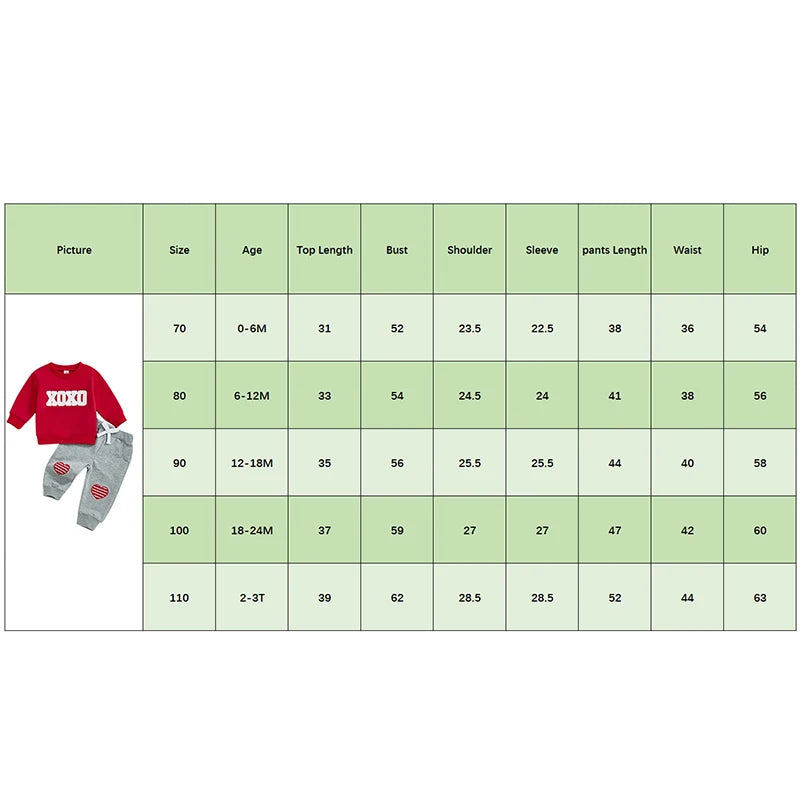 Baby Toddler Boys Girls 2Pcs Valentine's Day Jogger Set Long Sleeve Crew Neck XOXO Embroidery Letters Crewneck Top with Heart Knee Pants Outfit